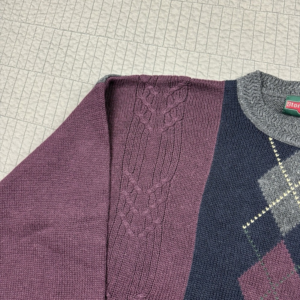 Vtg Stone Haven Sweater Men Large Cable Knit Argyle Striped Grandpa Dad Retro - Picture 2 of 9